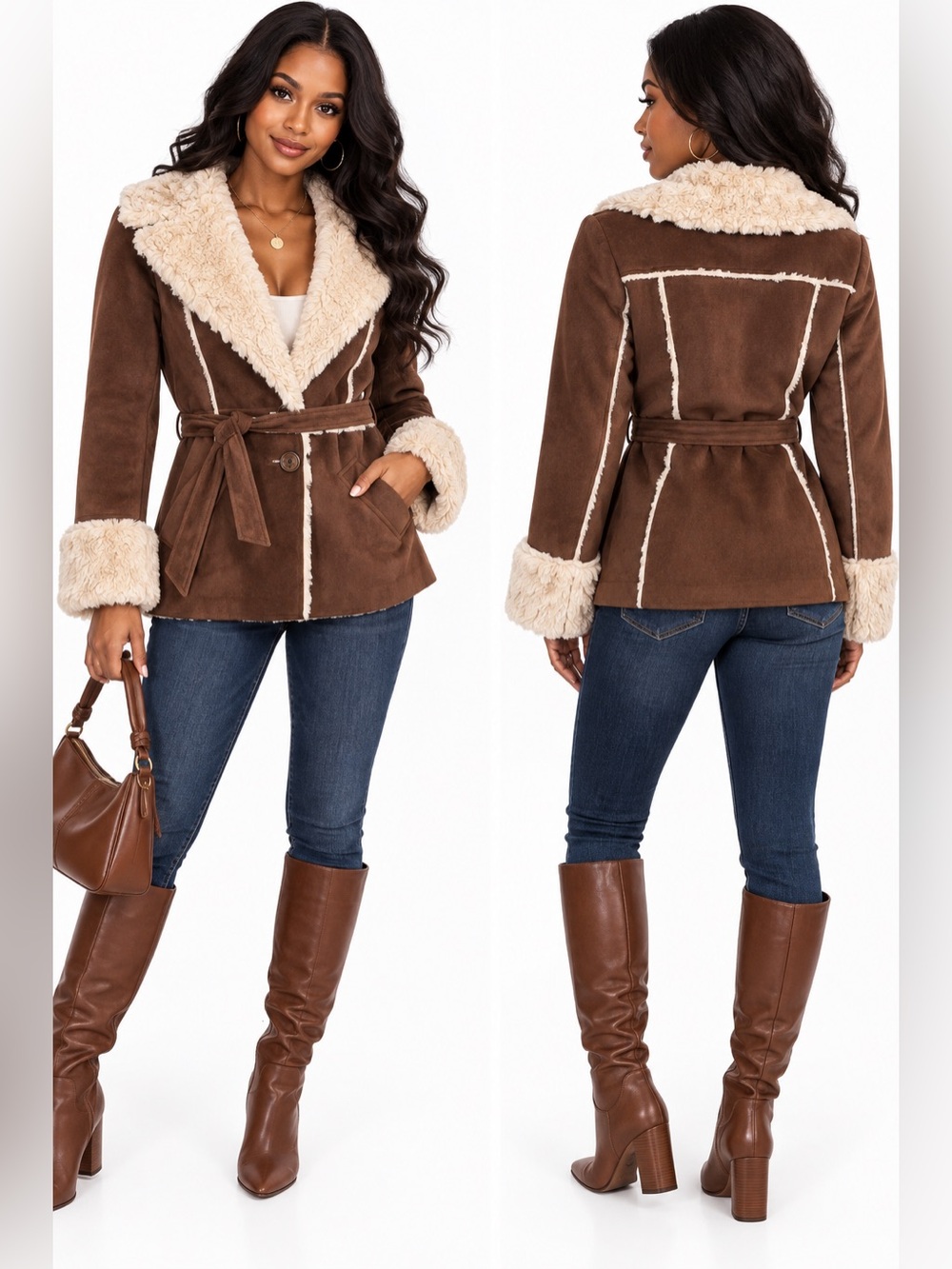 G by Guess Brown Faux Suede Sherpa Trim Belted Jacket Size M